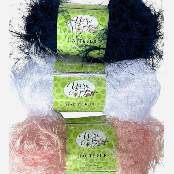 3 Skeins Yarn Bee Haute Fur (Exoline), Fun Fur | Pink, White, Navy Blue - Picture 1 of 5